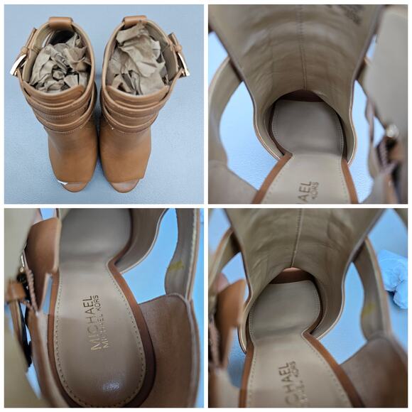 Stiletto Booties MMK Blaze Size 7 Tan Leather Gold MICHAEL KORS Buckle Heel Open - Picture 10 of 13